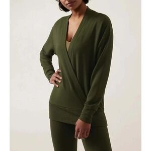 ATHLETA Women Purana Pullover Deep V Neck Wrap Sweatshirt Sz L Olive Green 1-18